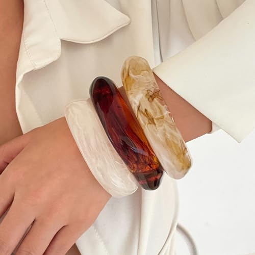 2PCS Chunky Acrylic Bracelet for Women Large Square Resin Cuff Vintage Open Bangle Bracelets Wide Geometric Jewelry - style: 3PCS-white+red+yellow
