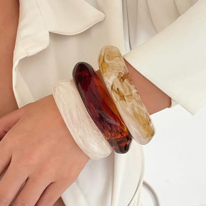 2PCS Chunky Acrylic Bracelet for Women Large Square Resin Cuff Vintage Open Bangle Bracelets Wide Geometric Jewelry - style: 3PCS-white+red+yellow