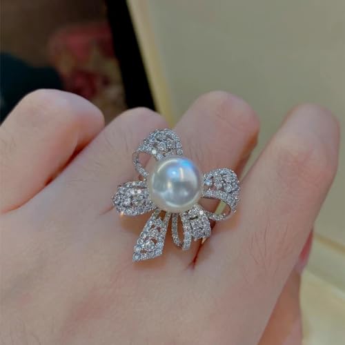 Elegant Bow Knot Pearl Rings for Women Rhinestone Cz Crystal Butterfly Tie Stacking Promise Bow Knot Pearl Rings Adjustable Open Promise Engagement Rings Anniversary Wedding Band Jewelry s