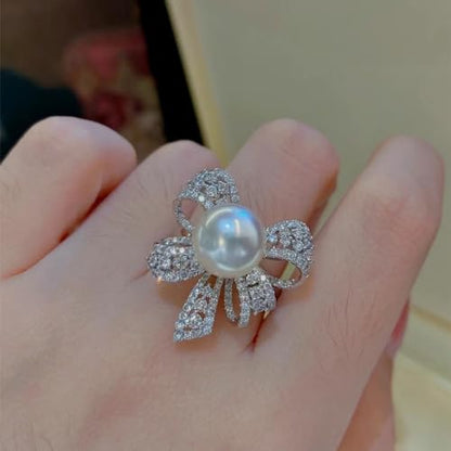 Elegant Bow Knot Pearl Rings for Women Rhinestone Cz Crystal Butterfly Tie Stacking Promise Bow Knot Pearl Rings Adjustable Open Promise Engagement Rings Anniversary Wedding Band Jewelry s