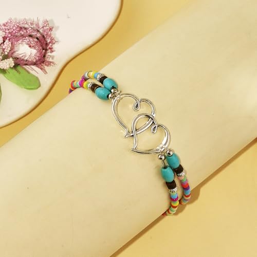 Elastic Beaded Ankle Bracelets for Women Double Heart Layered Stretch Ankle Bracelets Waterproof Dainty Boho Beaded Anklets for Summer Beach Foot Jewelry - color: Colorful Silver