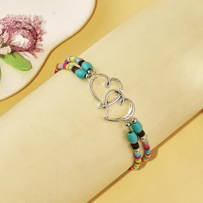 Elastic Beaded Ankle Bracelets for Women Double Heart Layered Stretch Ankle Bracelets Waterproof Dainty Boho Beaded Anklets for Summer Beach Foot Jewelry - color: Colorful Silver