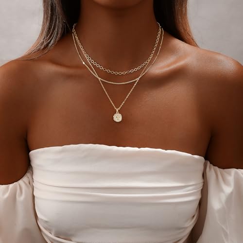 Gold Necklace for Women 14K Gold Plated Layered Cross Bar Necklace Herringbone Figaro Paperclip Flat Chain Cute Charm Accessories Non Tarnish Jewelry Set Gifts for Women - style: R-NK-07-Small cross-GD