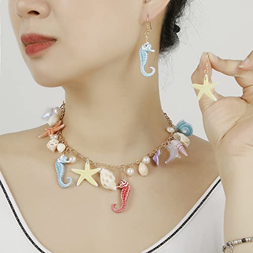 RUOFFETA Shell Starfish Necklace Bracelet Conch Statement Chunky Necklace Mermaid Costume Jewelry Beach Jewelry for Women - style: Necklace & Earrings