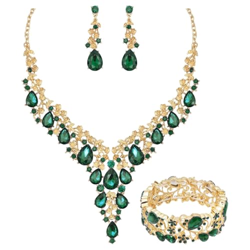 CSY Elegant Crystal Costume Jewelry Sets Flower Bridal Necklace Earrings Stretch Bangle Set for Bride Bridesmaid Wedding Dress Accessories - color: Green Crystal-Gold Tone