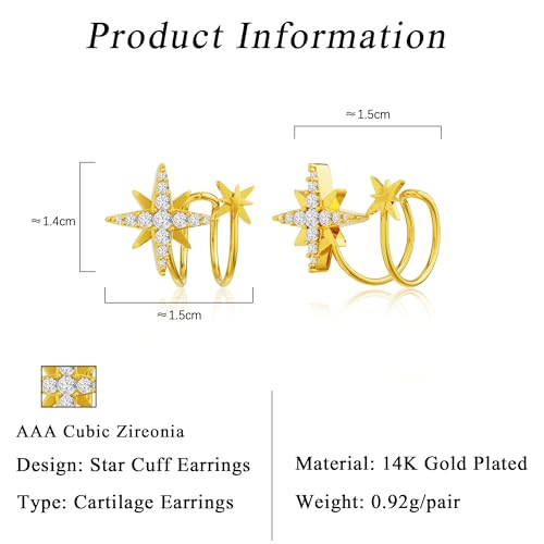 Star 14K Gold Plated Ear Cuff Earrings for Women Non Piercing, Dainty Silver Plated Clip on Cartilage Ear Cuff Non Pierced Trendy CZ Northstar Starburst Sparkling Climber Clawer Earring Jewelry - style: Two Star-Gold