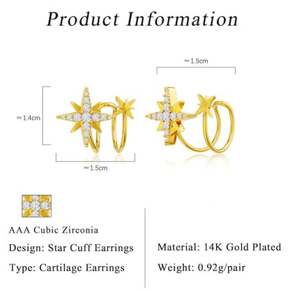 Star 14K Gold Plated Ear Cuff Earrings for Women Non Piercing, Dainty Silver Plated Clip on Cartilage Ear Cuff Non Pierced Trendy CZ Northstar Starburst Sparkling Climber Clawer Earring Jewelry - style: Two Star-Gold