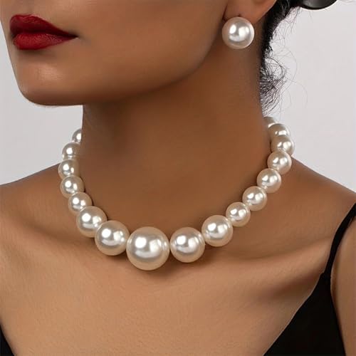 Large Beaded Pearl Necklaces Earrings Set for Women Fashion Prom Party Round Balls Bead Pearls Jewelry Set White Big Chunky Necklace Ball Earring Gift