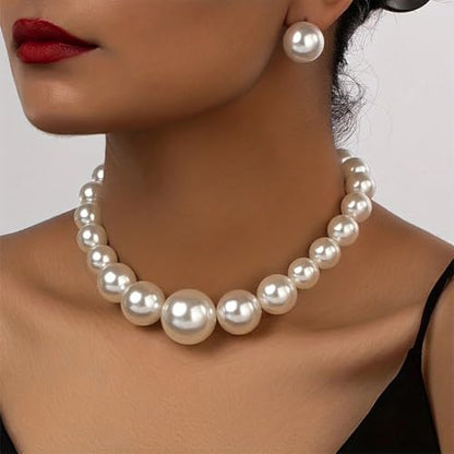 Large Beaded Pearl Necklaces Earrings Set for Women Fashion Prom Party Round Balls Bead Pearls Jewelry Set White Big Chunky Necklace Ball Earring Gift