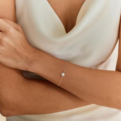 Gold Bracelets for Women Pearl Bracelet 14k Gold/White Gold Plated | Dainty Cubic Zirconia CZ Accented, Bridesmaid Jewelry, Prom Bracelet, Wedding Bracelets for Brides - color: Single Pearl