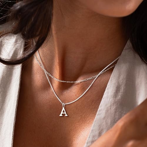 MBW Dainty Silver Layered Initial A-Z Pendant Necklaces for Women Thin | Simple Waterproof 925 Silver Plated Necklace Figaro Choker Monogram Name Jewelry Set Personalized - color: Silver InitIal NK-A