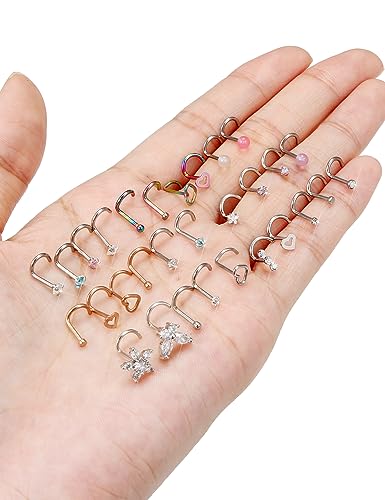 Prjndjw 20G 18G Nose Rings Studs Surgical Steel Nose Stud Glow Dark Heart Opal CZ Flower Nose Piercing Jewelry Nose Rings for Women Straight Screw L Shaped Nose Rings Hypoallergenic Nose Piercing Kit - color: 18G-Twisted nose rings