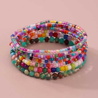 Handmade Stackable Rice Seed Beaded Ball Bracelets set for women, Romantic Boho Trendy Acrylic Glass Stretch Accessories Multi Layer Jewelry, Daily Wear Party Holiday Friendship Gift - color: Rainbow
