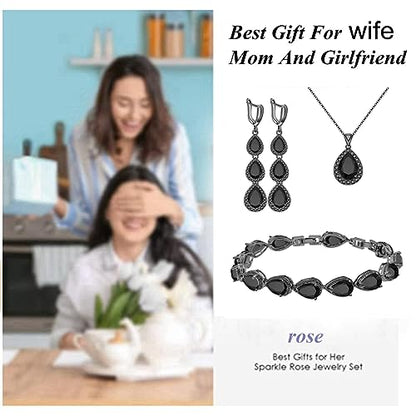LMXXVJ Necklace Long Earrings Bracelet Set, White Gold Plated Created Blue Sapphire Jewelry Set Wedding Party Gift Jewelry for Women Bridal Bridesmaid - color: Black Gun-Black