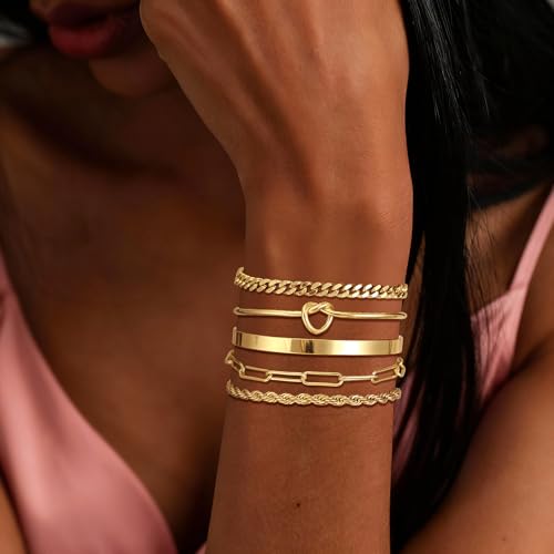 14K Gold Plated Stackable Bangle Bracelets Set for Women | Cuff Bracelet Stackable Bangles Bracelet for Women Trendy Fashion Accessories Tie Knot Cuban Rope Paperclip Beaded Bracelets - color: 5-layer F GD