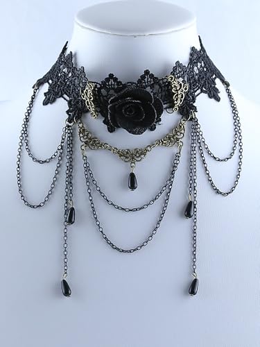 Gothic Victorian Style Vampire Choker Necklace for Women Black Crystal Tassel Lace Collar Necklace Halloween Punk Black Sexy Lace Necklace Halloween Cavewoman Costume - style: Black Roses