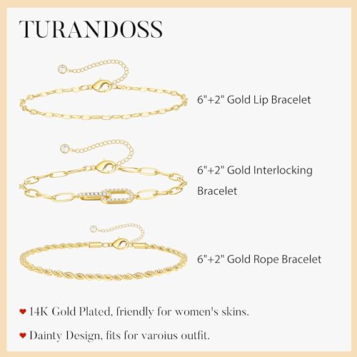 Turandoss Gold Bracelets for Women - Dainty 14K Gold Plated Tennis Bracelet | Stackable Cross Beaded Set, Twisted Rope Chain, Snake Paperclip Chain, Knot Cuff Bracelets for Women, Jewelry Gifts - color: Interlocking Rope Set