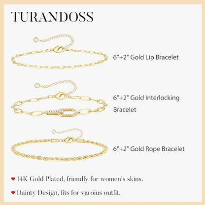 Turandoss Gold Bracelets for Women - Dainty 14K Gold Plated Tennis Bracelet | Stackable Cross Beaded Set, Twisted Rope Chain, Snake Paperclip Chain, Knot Cuff Bracelets for Women, Jewelry Gifts - color: Interlocking Rope Set