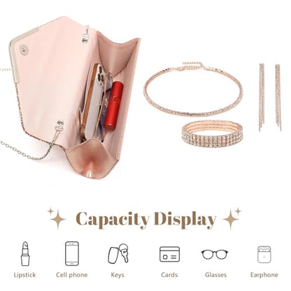 YYW 4 Pieces Women Evening Handbags Clutch Purse Bag with Rhinestone Crystal Jewelry Set for Wedding Party - color: Champagne