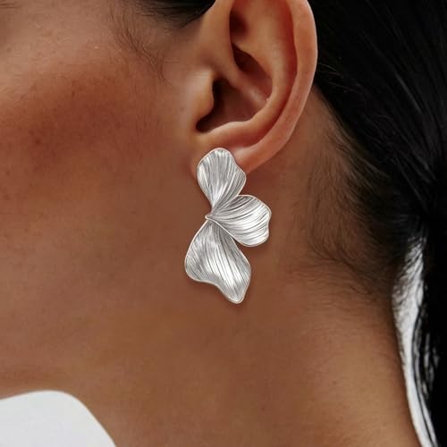 OGD Chunky Gold Statement Earrings For Women Trendy Gold Plated Sectored Flower Leaf Angel Wing Earrings Large Stud Jewlery Hypoallergenic - color: Flower-Silver