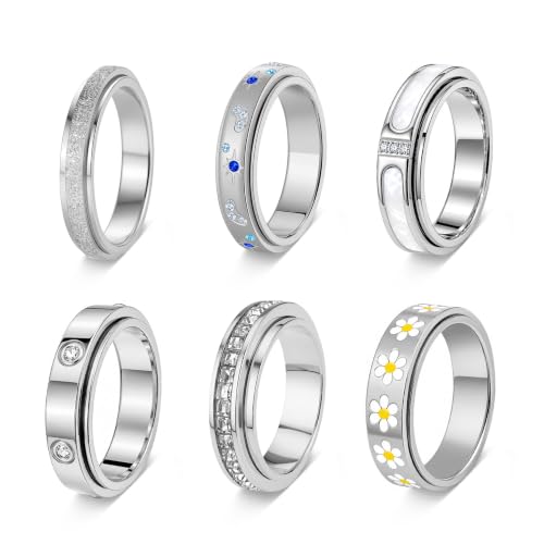 LOFITOR Fidget Band Rings Set for Women Fidget Rings for Anxiety 6pcs Stainless Steel Spinner Anti Anxiety Ring Spinning Stress Relief CZ Rings for Women Men - color: E-Silver