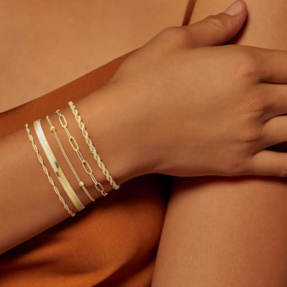 Gold Bracelet for Women, Waterproof Jewelry,5PCS | 14K Gold Plated Bracelets Stacks Non-Tarnish, Lightweight & Comfy, Trendy Adjustable Dainty Links, Women’s Jewelry Gift - color: 5 pcs-Rope+Paperclip+Satellite+Snake+Twist