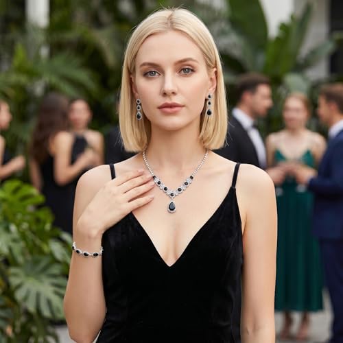 Paxuan Silver/Gold Rhinestone Crystal Wedding Bridal Bridesmaids Earrings Bracelet Set for Women Brides Bridesmaids Crystal Rhinestone Bracelet Earrings Set for Wedding Bridal Prom Pageant - color: Black
