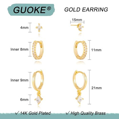 3 Pairs Earring Stacks, Gold Earring Set Jewelry Gift for Women | Small, 14K Gold/White Gold/Black/Rose Gold Plated, Hypoallergenic, Her, Everday, Stackable, Simple, 3 Holes - color: Gold-Rhombus CZ