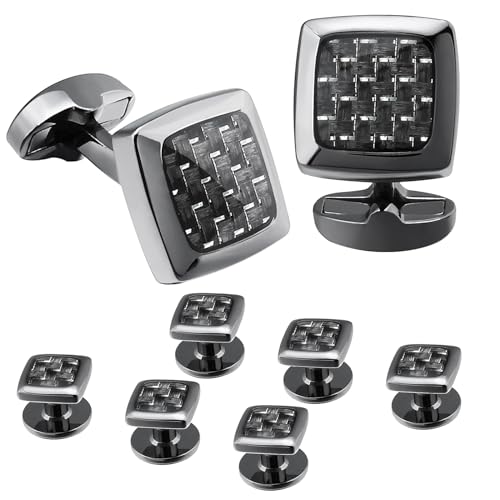HAWSON Cufflinks and Studs for Men-Fashion Men Vintage Enamel Carbon Fiber Tuxedo Shirt Cufflinks and Studs Set for Regular Wedding Business Accessories - color: BLACK Square Carbon Fiber Cufflinks and studs