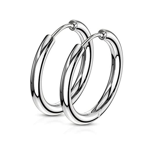 316L Stainless Steel 2.5mm Thick Round Hinged Hoop Earrings, Sold as a Pair - color: Silver Tone, size: 14mm Diameter