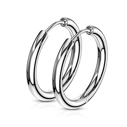 316L Stainless Steel 2.5mm Thick Round Hinged Hoop Earrings, Sold as a Pair - color: Silver Tone, size: 14mm Diameter