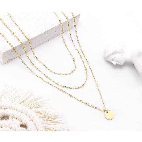 Aisansty Dainty Layered Choker Necklaces Handmade Coin Tube Star Pearl Pendant Multilayer Adjustable Layering Chain Gold Plated Necklaces Set for Women - color: Gold, style: Gold- Layered Disc
