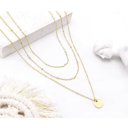 Aisansty Dainty Layered Choker Necklaces Handmade Coin Tube Star Pearl Pendant Multilayer Adjustable Layering Chain Gold Plated Necklaces Set for Women - color: Gold, style: Gold- Layered Disc