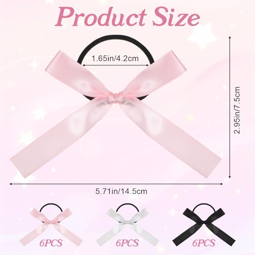 18PCS Silky Satin Hair Bows Ties for Girls, Bowknot Ribbon Ponytail Holders, Ribbon Hair Bows for Women Girls, Elastics Hairscrunchies for Thick Thin, Elastic Hairbands(White/Black/Pink)