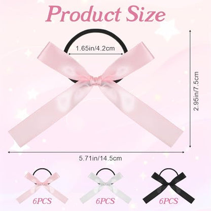 18PCS Silky Satin Hair Bows Ties for Girls, Bowknot Ribbon Ponytail Holders, Ribbon Hair Bows for Women Girls, Elastics Hairscrunchies for Thick Thin, Elastic Hairbands(White/Black/Pink)