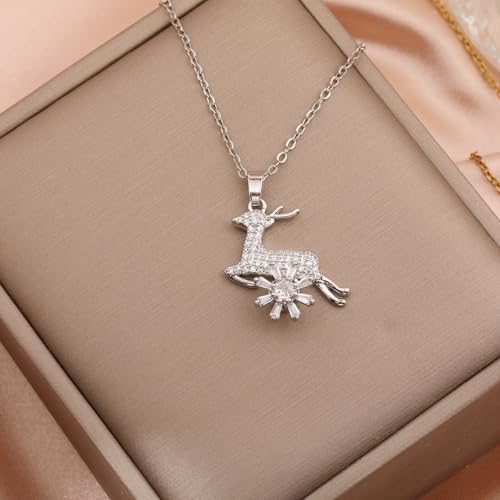 Sunflower Fidget Necklace for Women Gold Moon Necklace Rotating Heart Necklaces Spinning Crystal Flower Anxiety Necklaces Crescent Moons Jewelry Accessories - color: Silver Deer