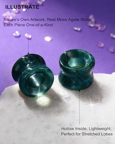 Jewseen 2g-5/8 Moss Agate Ear Gauges Plugs Real Natural Stone Double Flared Ear Tunnels Stretchers Gauges for Women Men Plugs Piercing Jewelry - size: 9/16''=14mm