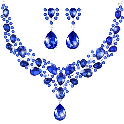 Hicarer Bridal Teardrop Cluster Crystal Jewelry Set for Women Necklace Earrings Wedding - color: Royal Blue