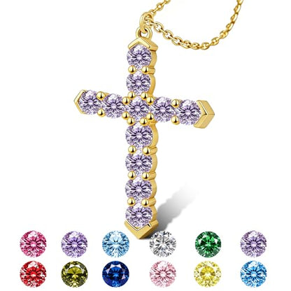 Cross Necklace for Women, Silver Cross Pendant Necklaces | 14K Gold Plated, Dainty CZ Cross Necklace, Non Tarnish and Hypoallergenic Jewelry for Women, Christian Religious Faith Gifts - color: A-Light Purple-Gold