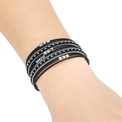 Fesciory Leather Wrap Bracelets for Women, Boho Western Layered Jewelry | Layered leather cuff bracelets, Easy on and off, Boho western style, Daily wear, Gift for women - color: Black 3