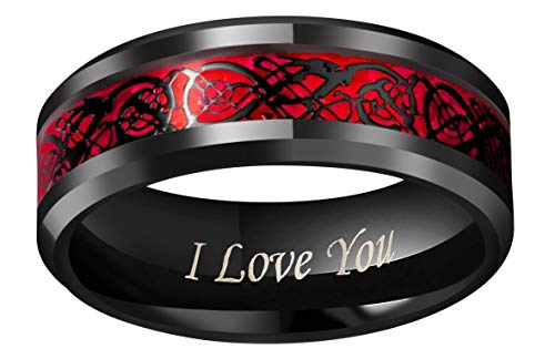 CROWNAL Black Dragon Men Black Tungsten Carbide Ring Wedding Band 6mm 8mm 10mm Red Carbon Fiber Black Celtic Dragon Inlay Engraved I Love You Size 7 to 17 - color: Black Dragon Red Carbon Fiber