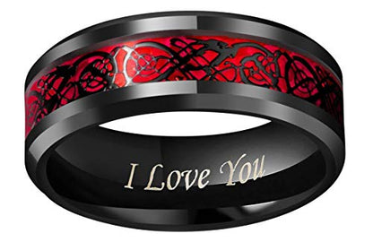 CROWNAL Black Dragon Men Black Tungsten Carbide Ring Wedding Band 6mm 8mm 10mm Red Carbon Fiber Black Celtic Dragon Inlay Engraved I Love You Size 7 to 17 - color: Black Dragon Red Carbon Fiber