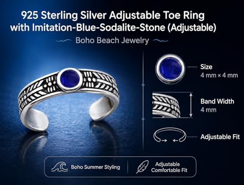 925 Sterling Silver Adjustable Toe Ring, Imitation-Blue-Sodalite-Stone, Tiny Boho Summer Beach Jewelry (Adjustable)