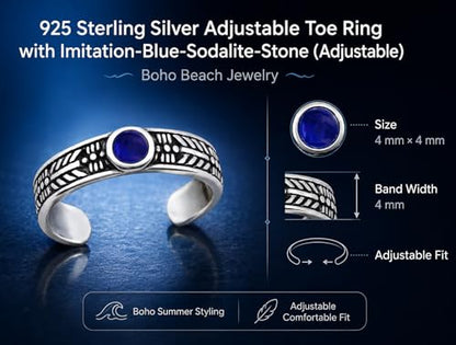 925 Sterling Silver Adjustable Toe Ring, Imitation-Blue-Sodalite-Stone, Tiny Boho Summer Beach Jewelry (Adjustable)