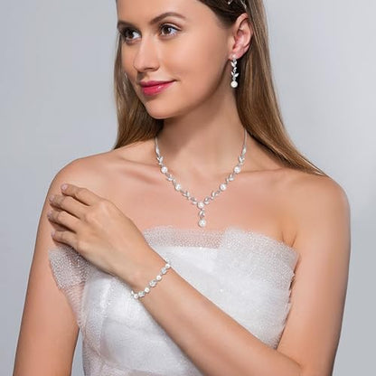 EleQueen Women's Simulated Pearl Wedding Jewelry Set for Brides | Cubic Zirconia Necklace Earrings Bracelet Set for Brides Bridesmaids, Bridal Jewelry Set for Anniversary/Memorial Day - style: Elegant Pearl Necklace Set Silver-Tone