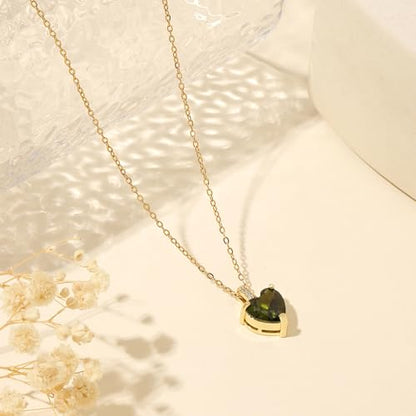 Heart Birthstone Necklace for Women, 14K Gold Plated Birthstone Pendant Necklace Cubic Zirconia Diamond Necklace Dainty Gold Necklace Birthday Gifts for Women Girls - color: 08. August(Peridot)