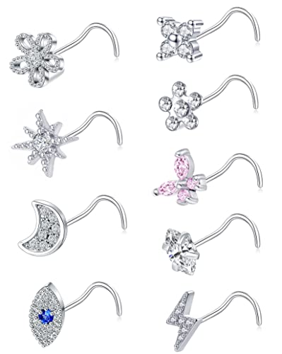 9Pcs Nose Rings Stud L Bone Screw Shaped Nose Ring Flower CZ Snowflake Butterfly Screw Nose Stud Body Piercing Jewelry for Women Men 20G Silver Gold Rose Gold Tone - color: G:Silver Tone&Screw Shaped