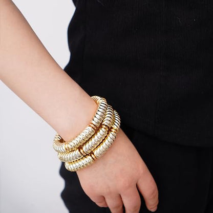 LALAPPLE Gold Plated Beaded Acrylic Bamboo Tube Bangle Bracelets for Women, Colorful Chunky Curved Tube With Gold Plated Pieces Beads Stretch Bracelet Friendship Summer Beach Jewelry - color: B-gold 3pcs(Chunky set)