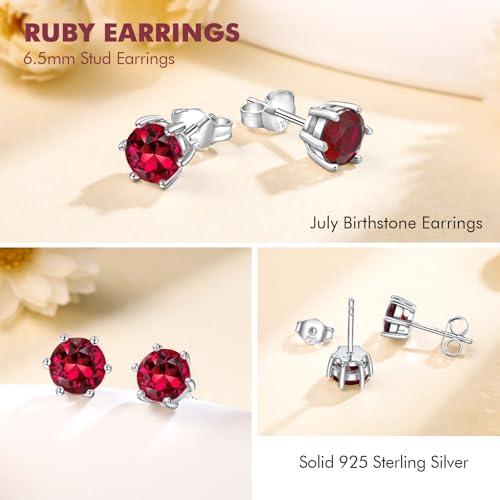 DAYBYDAY 925 Sterling Silver Birthstone Earrings for Women, Crystal Stud Earrings, 6.5mm Round Cut Solitaire Gemstone Earrings Birthday Jewelry - style: Round Cut-07. Jul/created ruby