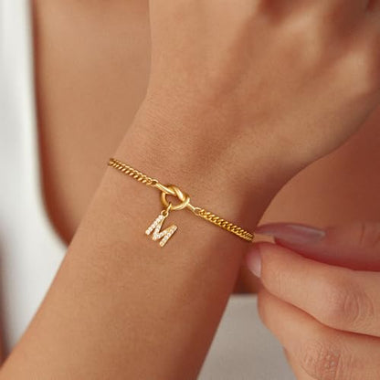 Gold Initial Bracelets for Women Jewelry Gifts - Dainty 14K Gold Plated Zircon Letter Knot Bracelet 26 Alphabet Monogram Initial Bracelets Birthday Gifts for Women - color: F
